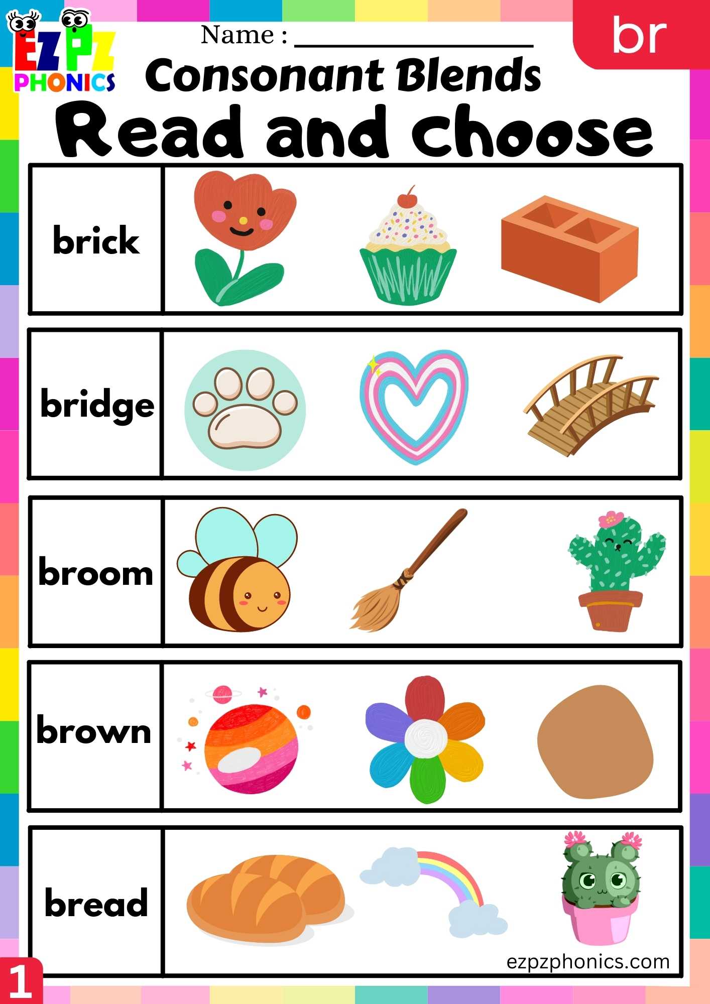 Group1 BR Words Read And Choose Phonics Consonant Blends Worksheet